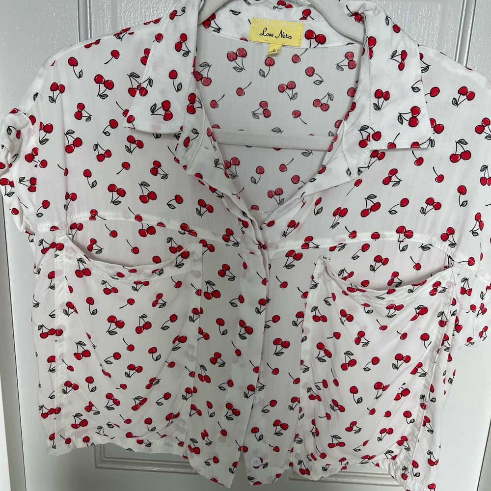 Cropped, cap sleeved “cherries” button shirt